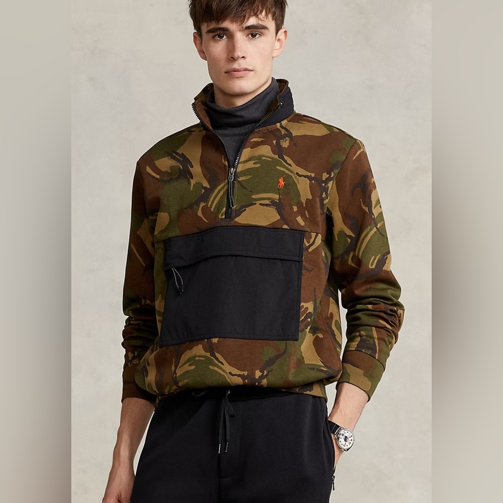 POLO RALPH LAUREN Camo Water-Repellent Hybrid Hoodie Camo Quarter Zip Men's L